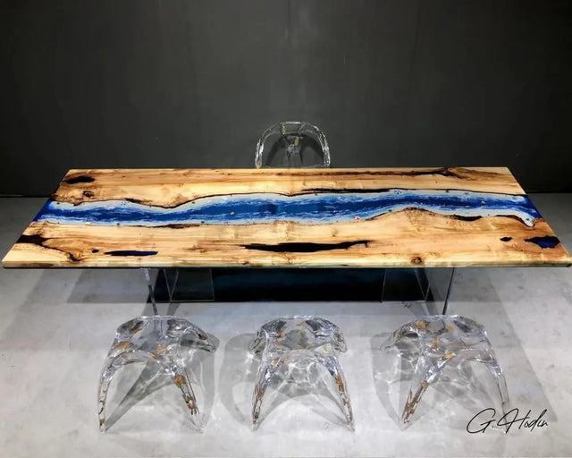 Table Rivière Epoxy LHAVANE bleu résine 2 coté