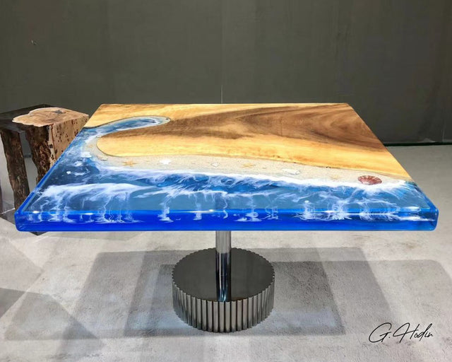 table carrée résine expoxy bleue 2