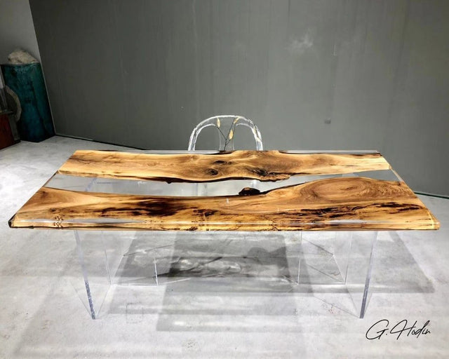 Table en bois massif de Suar et résine époxy bleue 200 cm